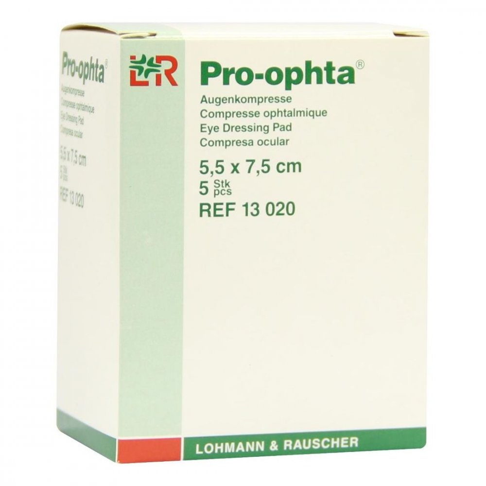 Das Produktfoto zeigt Pro-Ophta Kompressen 5,5x7,5 Cm Unsteril (5 stk) PZN 00087395