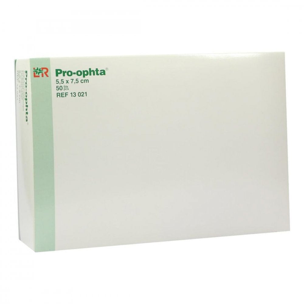 Das Produktfoto zeigt Pro-Ophta Kompressen 5,5x7,5 Cm Unsteril (50 stk) PZN 00087403