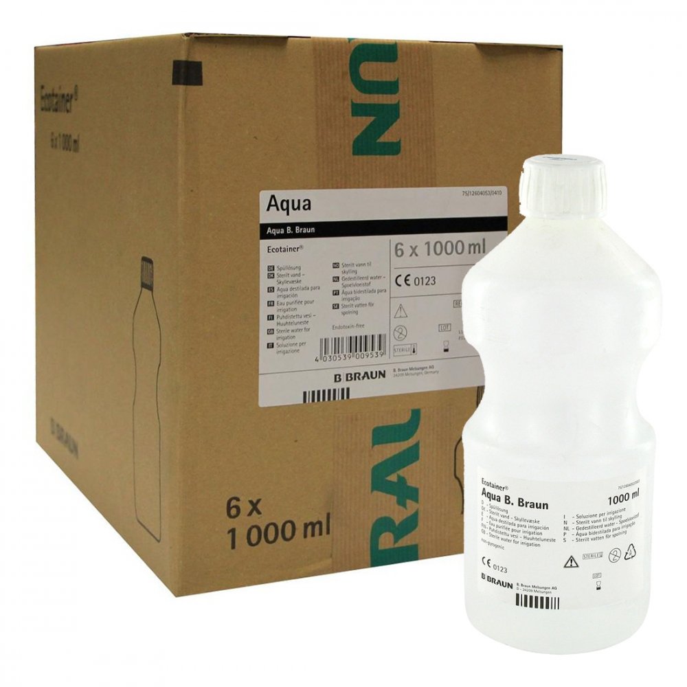 Das Produktfoto zeigt Aqua B.Braun Spüllösung Kunststoff Flasche (6X1000 ml) PZN 00088992