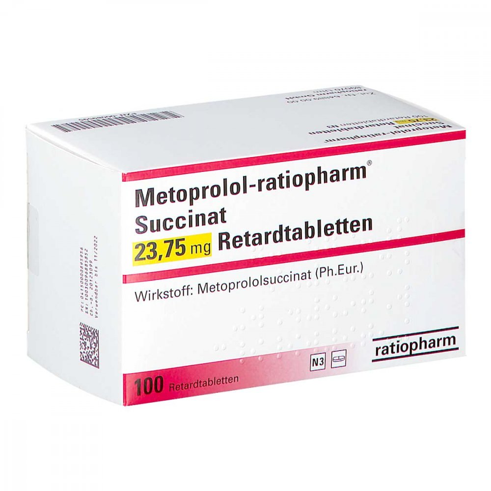 Das Produktfoto zeigt Metoprolol-Ratiopharm Succinat 23,75mg Retardtabl. (100 stk) PZN 00089595