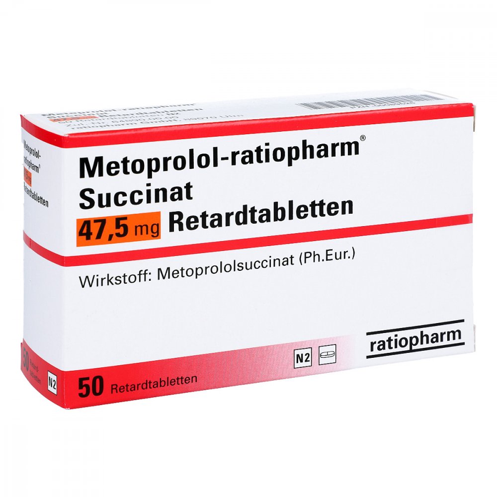 Das Produktfoto zeigt Metoprolol-Ratiopharm Succinat 47,5 Mg Retardtabl. (50 stk) PZN 00089626