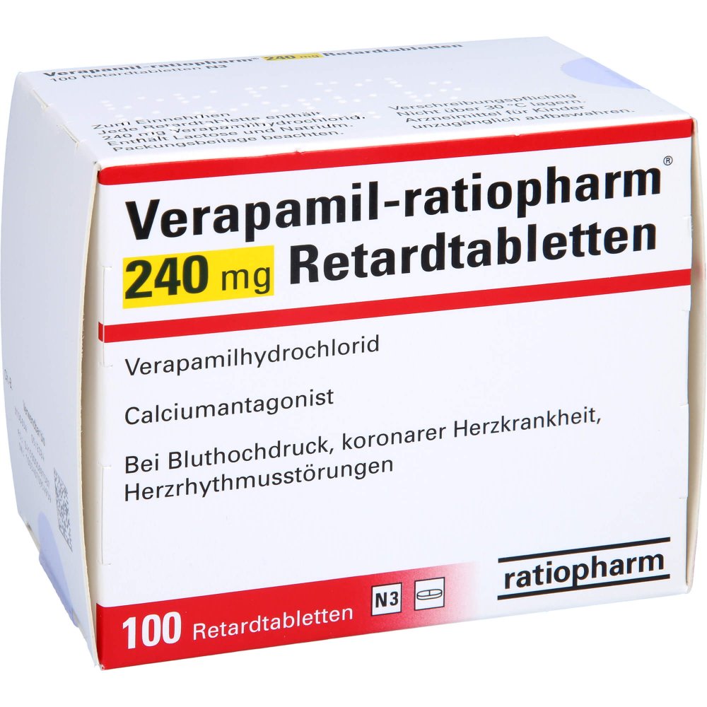 Das Produktfoto zeigt Verapamil-Ratiopharm 240 Mg Retardtabletten (100 stk) PZN 00089738