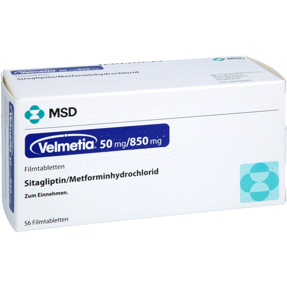 Das Produktfoto zeigt Velmetia 50 Mg/850 Mg Filmtabletten (56 stk) PZN 00089891