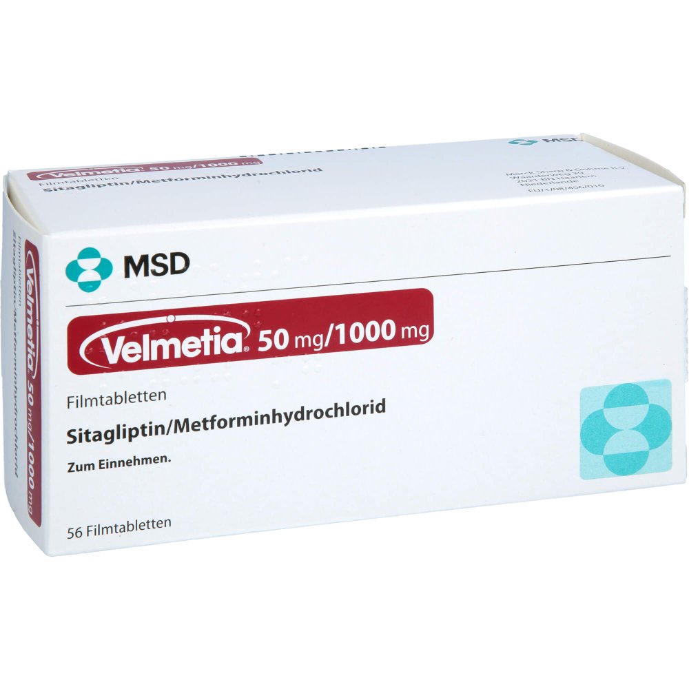 Das Produktfoto zeigt Velmetia 50 Mg/1000 Mg Filmtabletten (56 stk) PZN 00089945