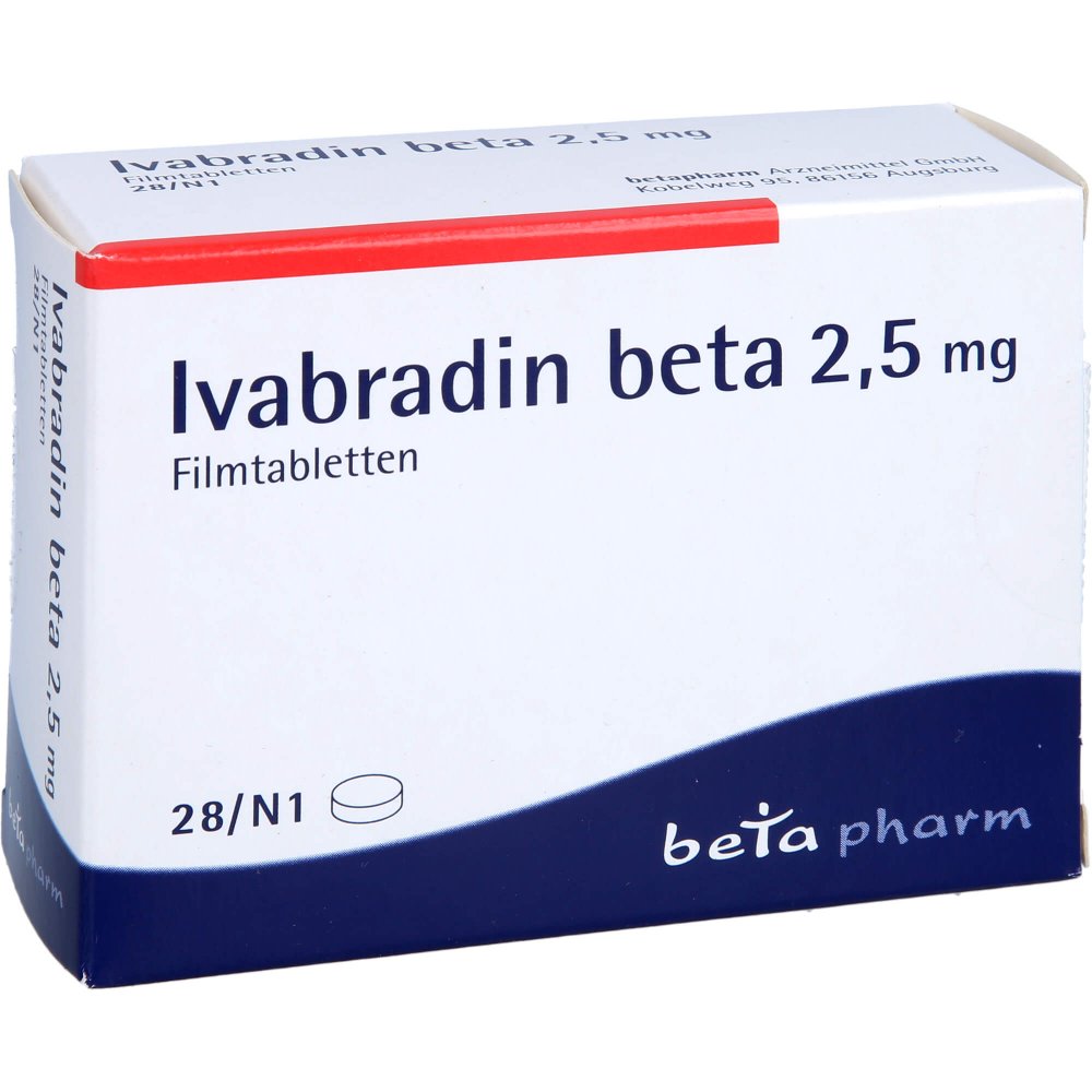 Das Produktfoto zeigt Ivabradin Beta 2,5 Mg Filmtabletten (28 stk) PZN 00090055