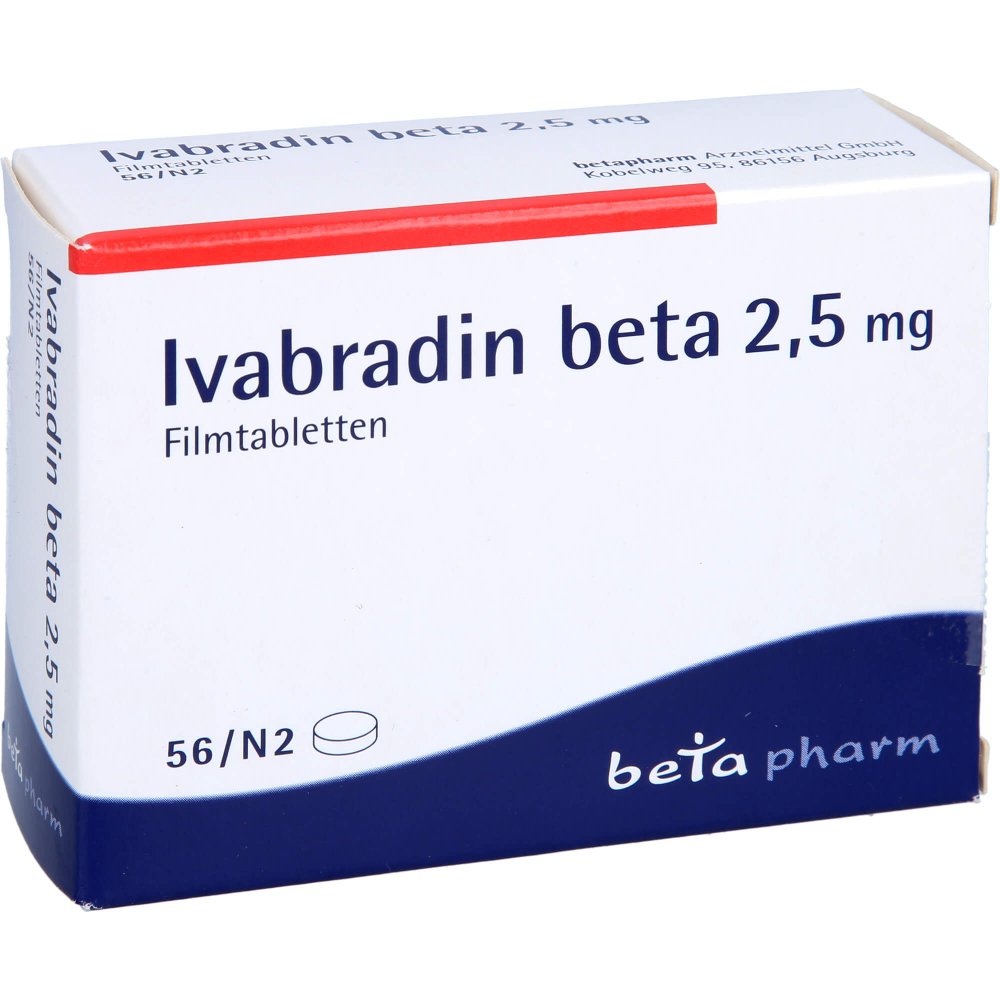 Das Produktfoto zeigt Ivabradin Beta 2,5 Mg Filmtabletten (56 stk) PZN 00090061