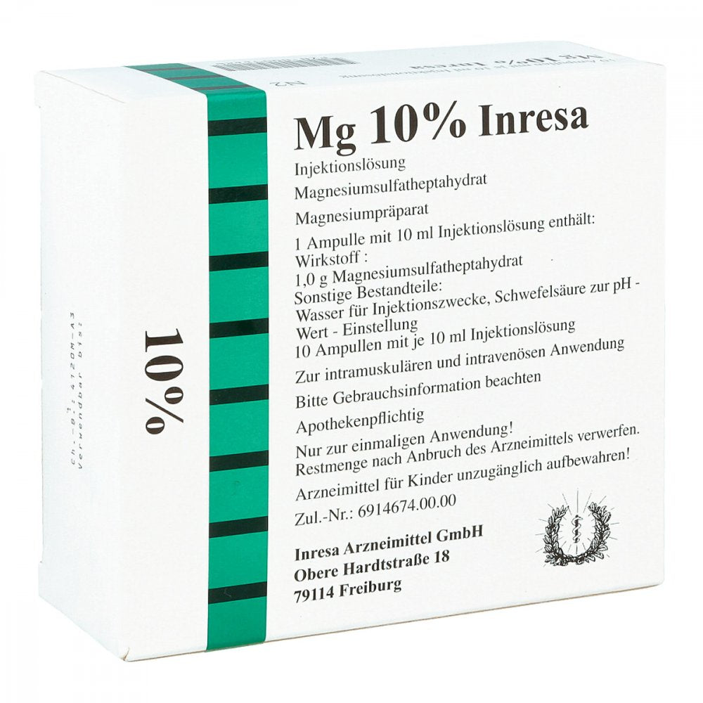 Das Produktfoto zeigt Mg 10% Inresa Injektionslösung (10X10 ml) PZN 00091126