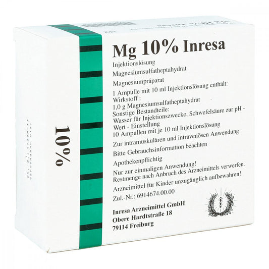 Das Produktfoto zeigt Mg 10% Inresa Injektionslösung (10X10 ml) PZN 00091126