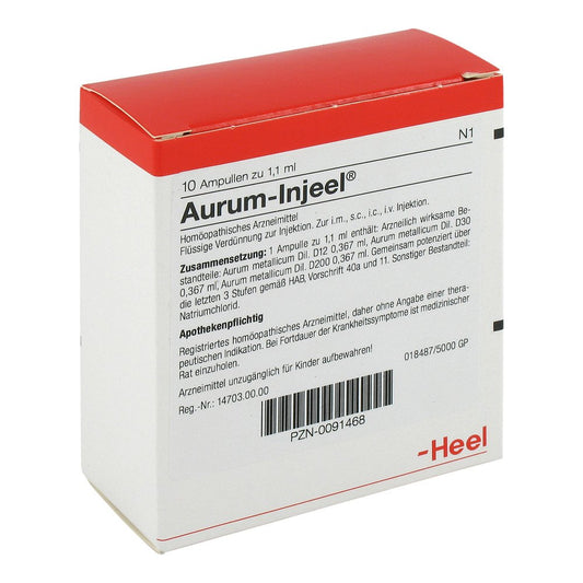 Das Produktfoto zeigt Aurum Injeel Ampullen (10 stk) PZN 00091468