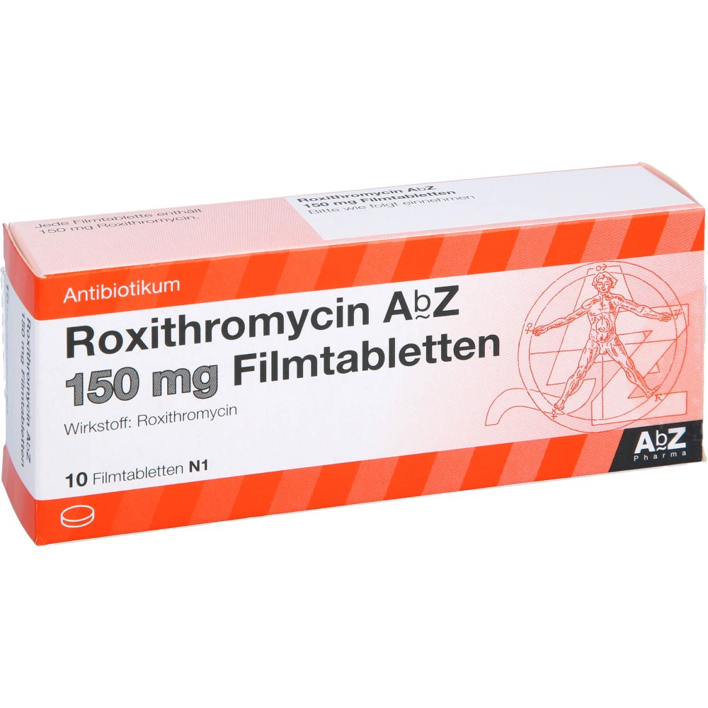 Das Produktfoto zeigt Roxithromycin Abz 150 Mg Filmtabletten (10 stk) PZN 00094225