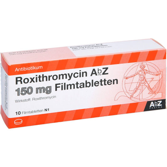 Das Produktfoto zeigt Roxithromycin Abz 150 Mg Filmtabletten (10 stk) PZN 00094225