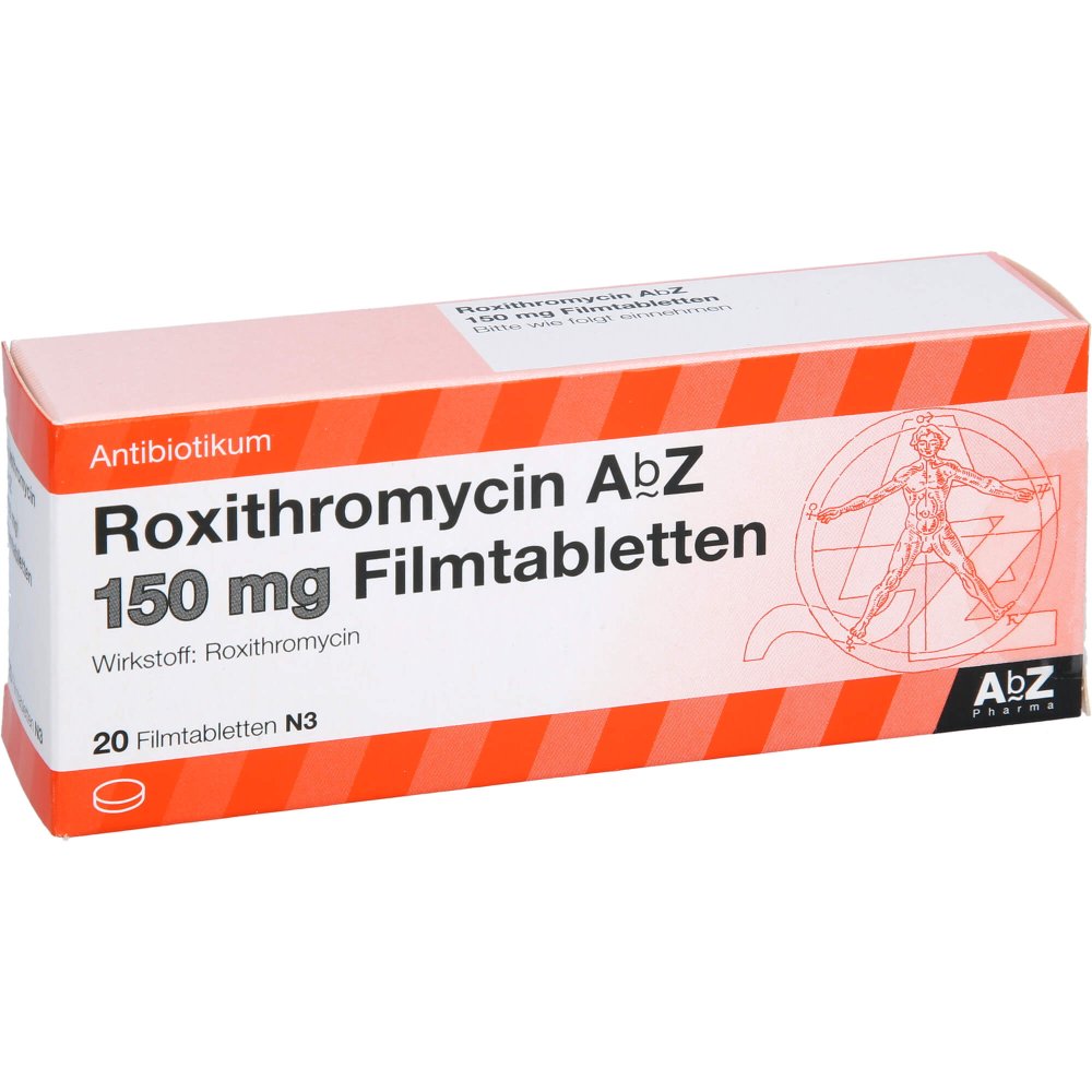 Das Produktfoto zeigt Roxithromycin Abz 150 Mg Filmtabletten (20 stk) PZN 00094260