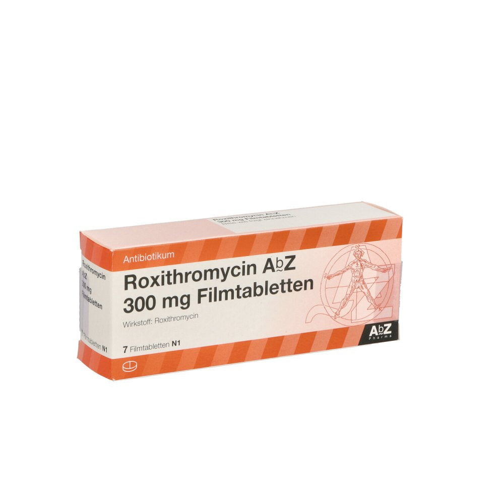Das Produktfoto zeigt Roxithromycin Abz 300 Mg Filmtabletten (7 stk) PZN 00094277