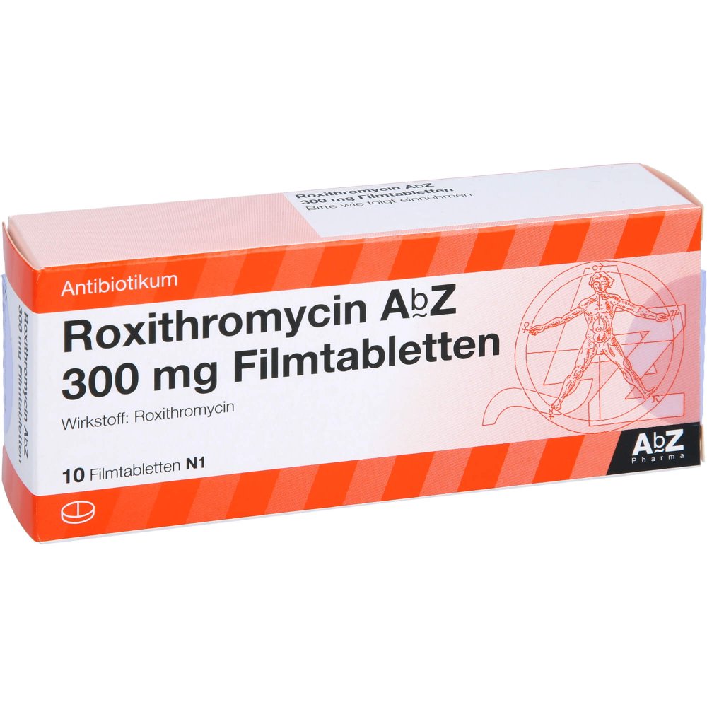 Das Produktfoto zeigt Roxithromycin Abz 300 Mg Filmtabletten (10 stk) PZN 00094283