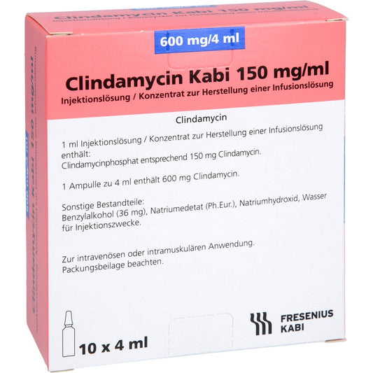 Das Produktfoto zeigt Clindamycin Kabi 600 Mg/4 Ml Injektionslösung (10 stk) PZN 00108803