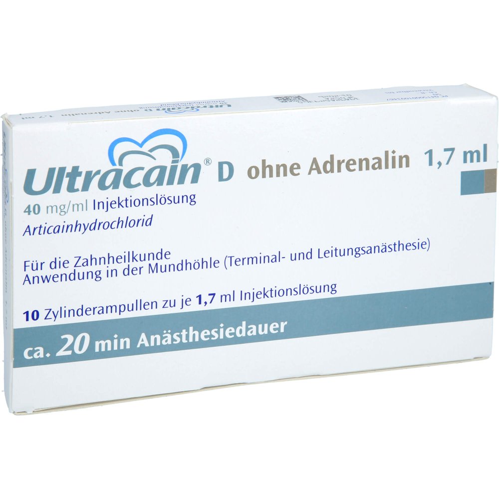 Das Produktfoto zeigt Ultracain D Ohne Adrenalin Zylinderampullen (10X1.7 ml) PZN 00109346