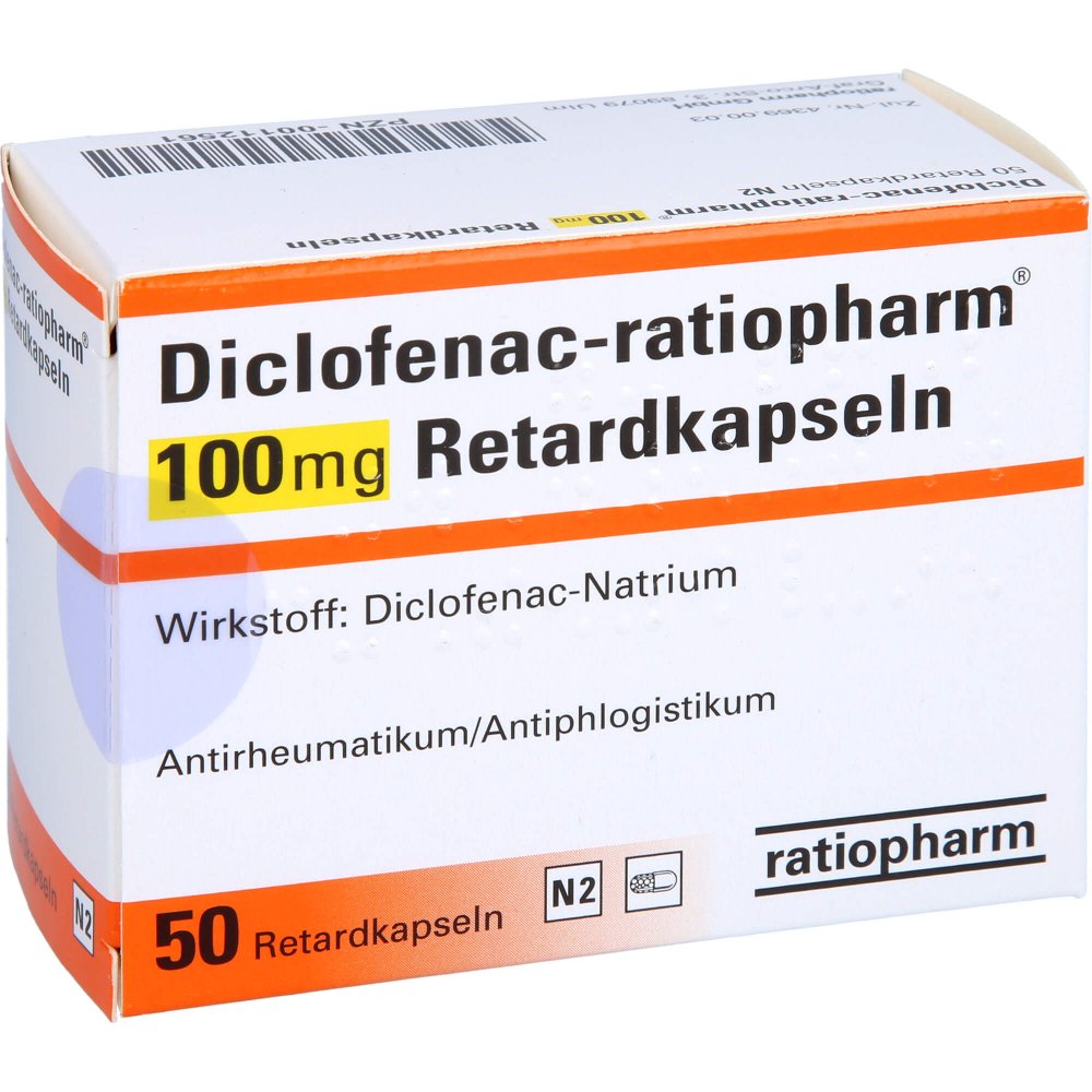Das Produktfoto zeigt Diclofenac-Ratiopharm 100 Mg Retardkapseln (50 stk) PZN 00112561