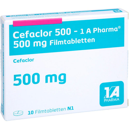 Das Produktfoto zeigt Cefaclor 500-1a Pharma Filmtabletten (10 stk) PZN 00113721