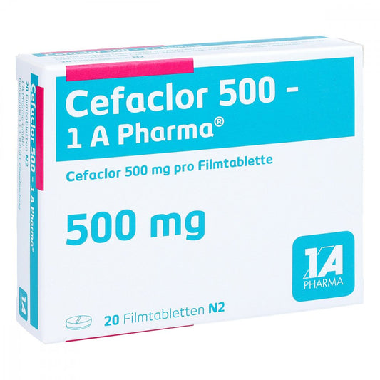 Das Produktfoto zeigt Cefaclor 500-1a Pharma Filmtabletten (20 stk) PZN 00113738
