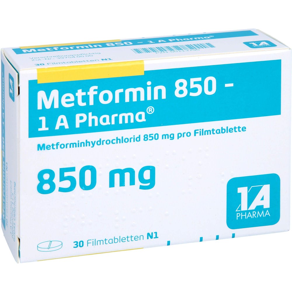Das Produktfoto zeigt Metformin 850-1a Pharma Filmtabletten (30 stk) PZN 00113796
