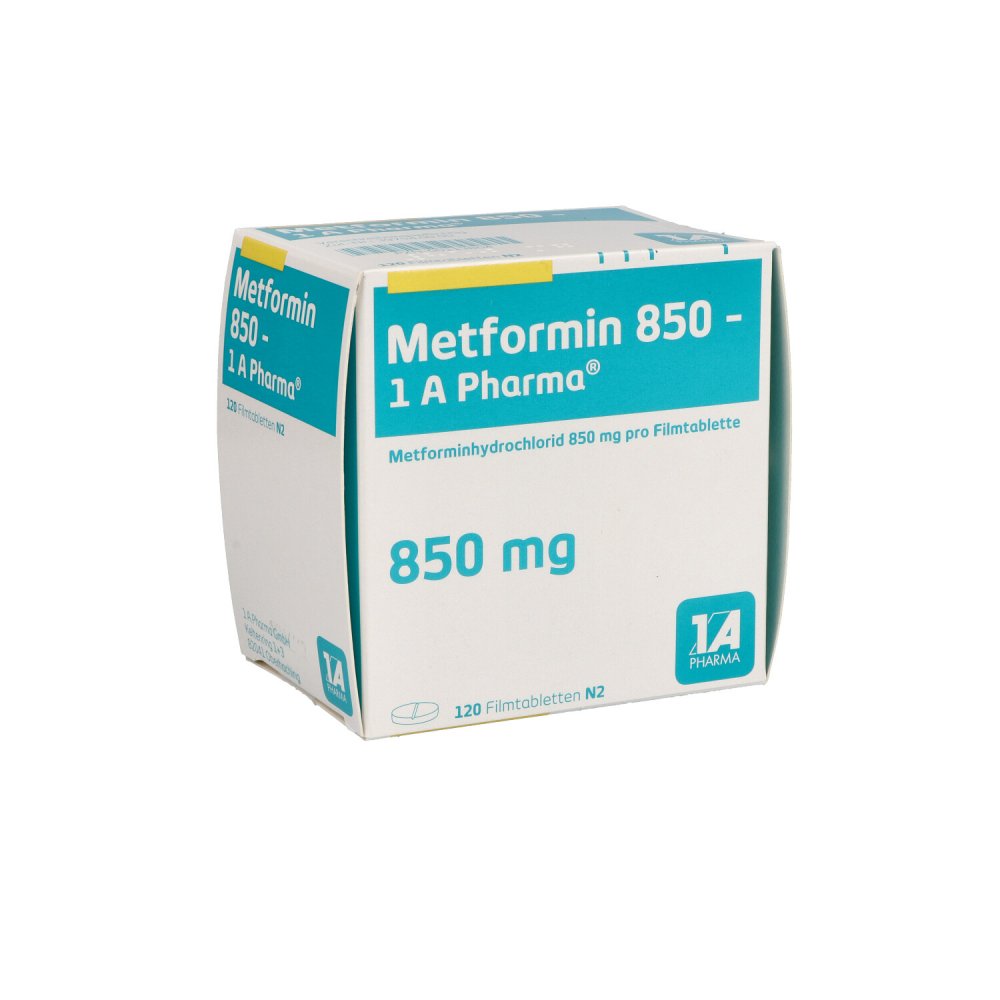 Das Produktfoto zeigt Metformin 850-1a Pharma Filmtabletten (120 stk) PZN 00113804