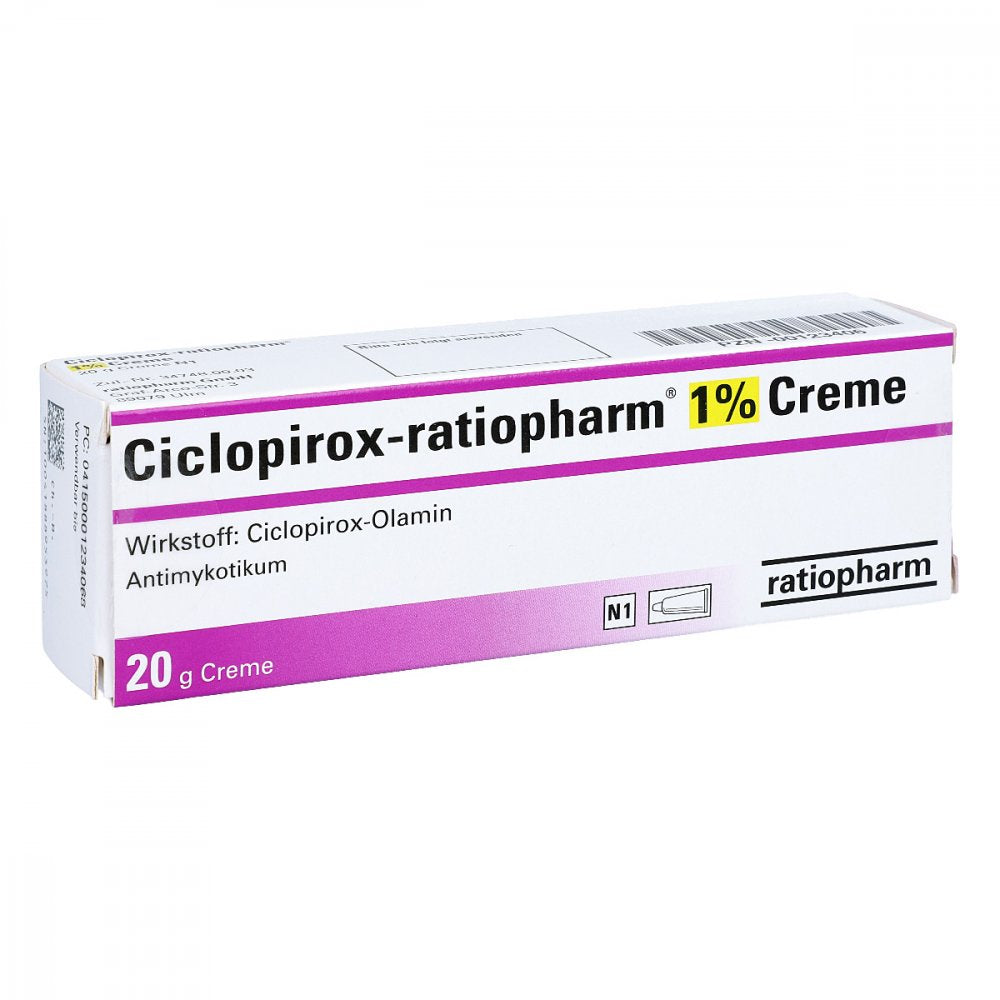 Das Produktfoto zeigt Ciclopirox-Ratiopharm 1% Creme (20 g) PZN 00123406