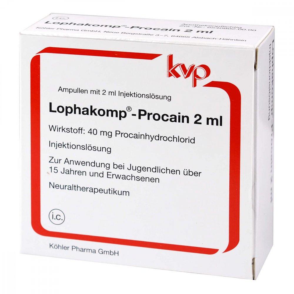 Das Produktfoto zeigt Lophakomp Procain 2 Ml Injektionslösung (100X2 ml) PZN 00123932