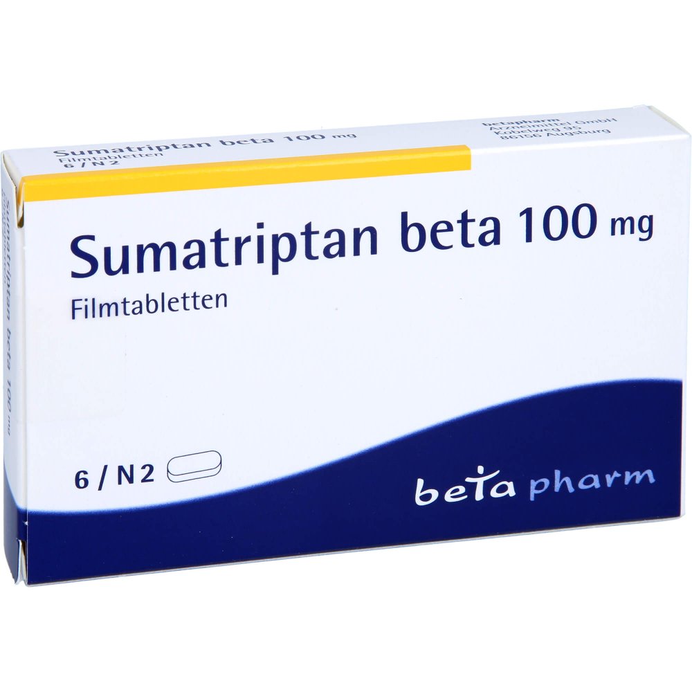 Das Produktfoto zeigt Sumatriptan Beta 100 Mg Filmtabletten (6 stk) PZN 00126913