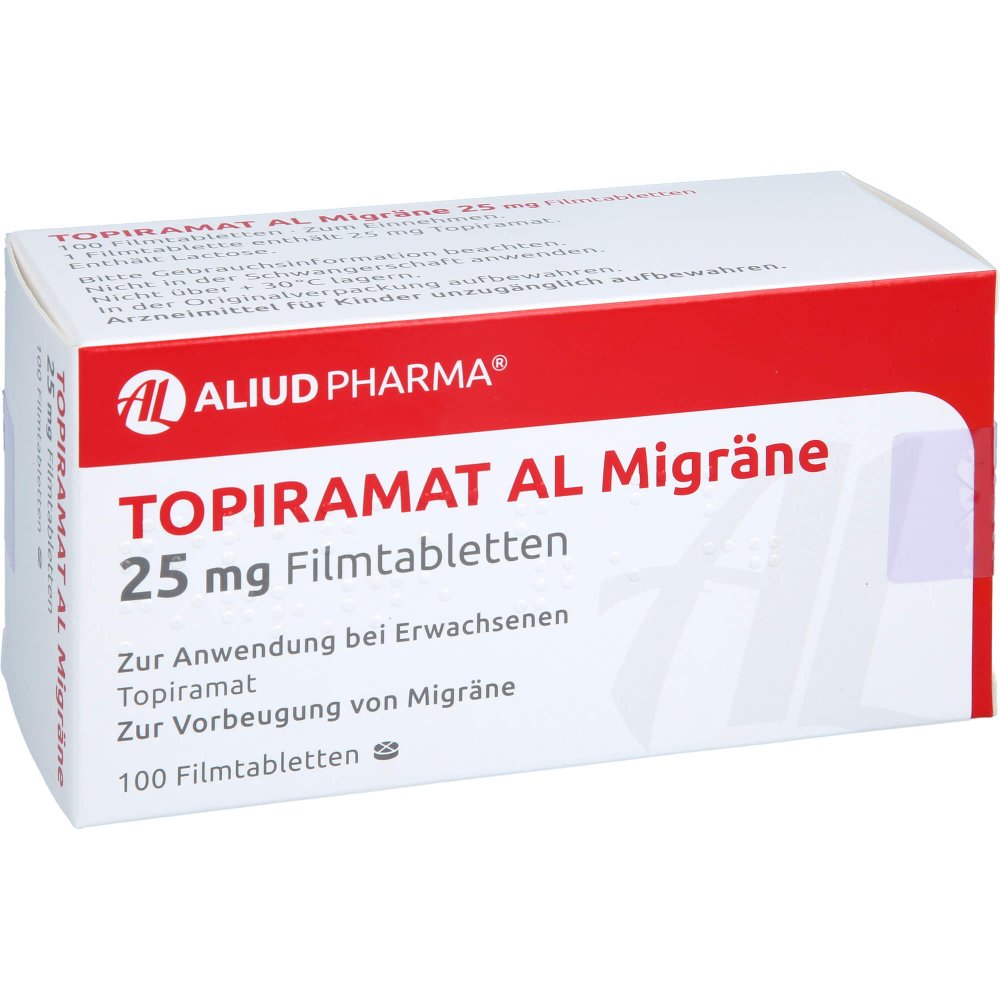 Das Produktfoto zeigt Topiramat Al Migräne 25 Mg Filmtabletten (100 stk) PZN 00133965