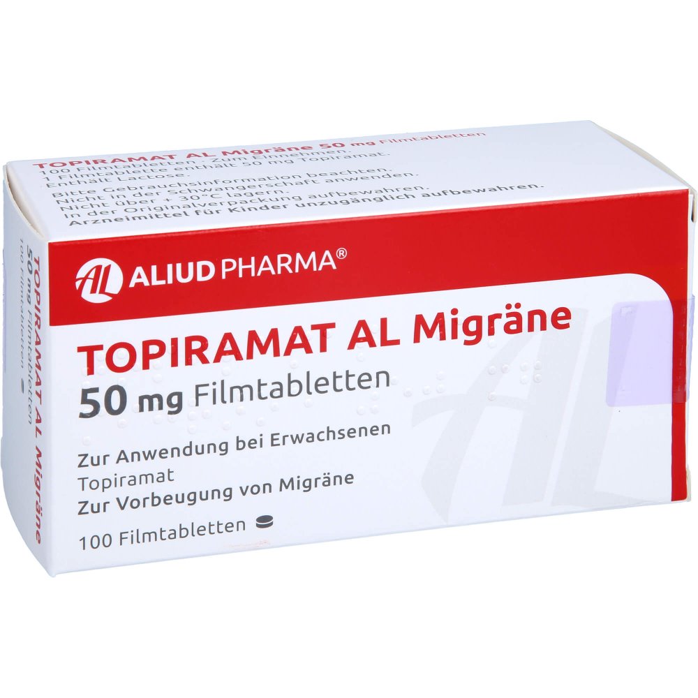Das Produktfoto zeigt Topiramat Al Migräne 50 Mg Filmtabletten (100 stk) PZN 00134025