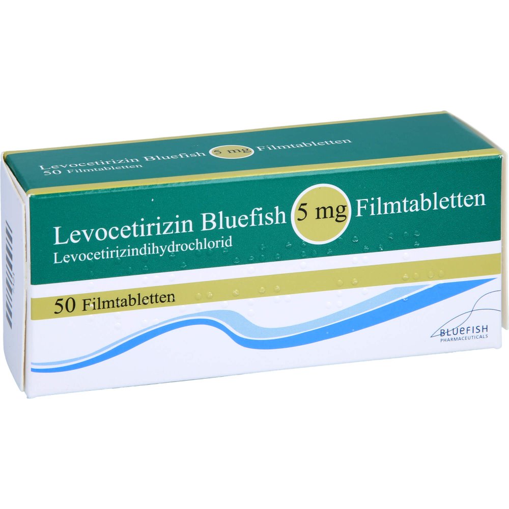 Das Produktfoto zeigt Levocetirizin Bluefish 5 Mg Filmtabletten (50 stk) PZN 00139471