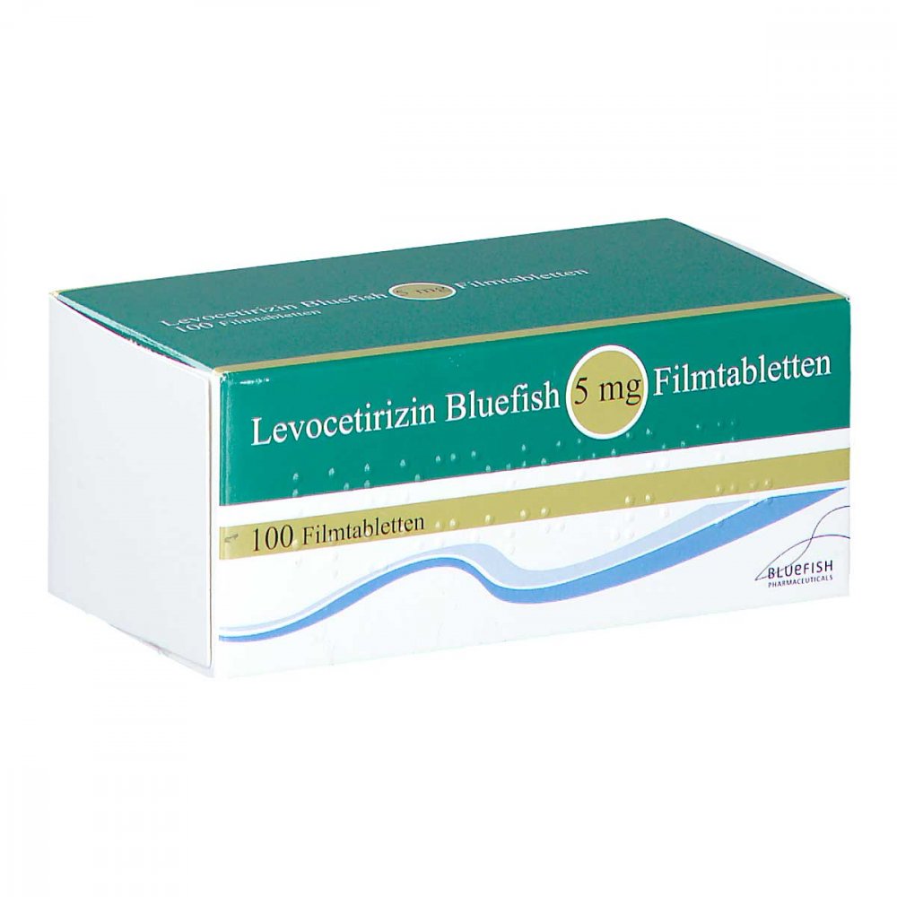 Das Produktfoto zeigt Levocetirizin Bluefish 5 Mg Filmtabletten (100 stk) PZN 00139494
