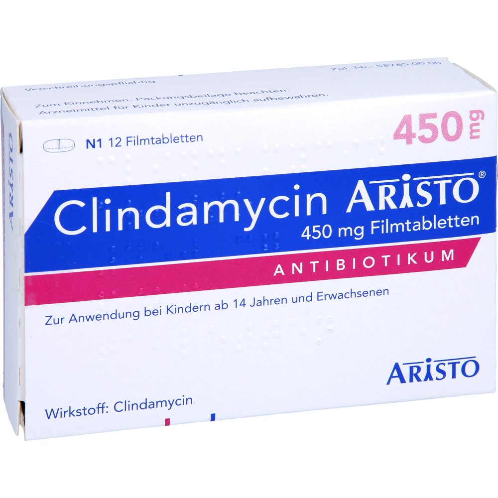 Das Produktfoto zeigt Clindamycin Aristo 450 Mg Filmtabletten (12 stk) PZN 00141462