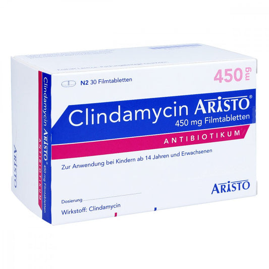 Das Produktfoto zeigt Clindamycin Aristo 450 Mg Filmtabletten (30 stk) PZN 00141485