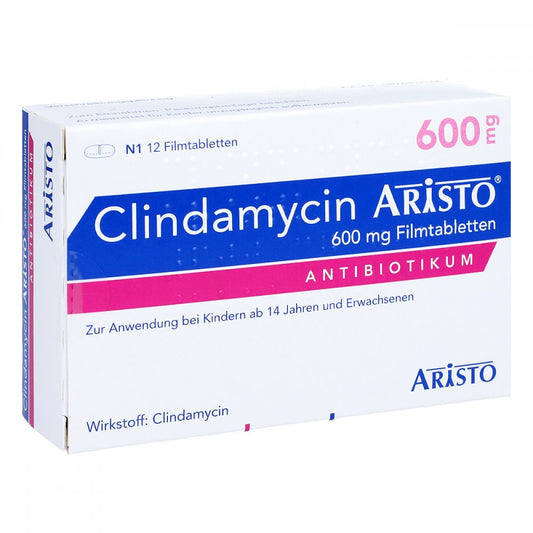 Das Produktfoto zeigt Clindamycin Aristo 600 Mg Filmtabletten (12 stk) PZN 00141516