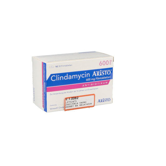 Das Produktfoto zeigt Clindamycin Aristo 600 Mg Filmtabletten (30 stk) PZN 00141522