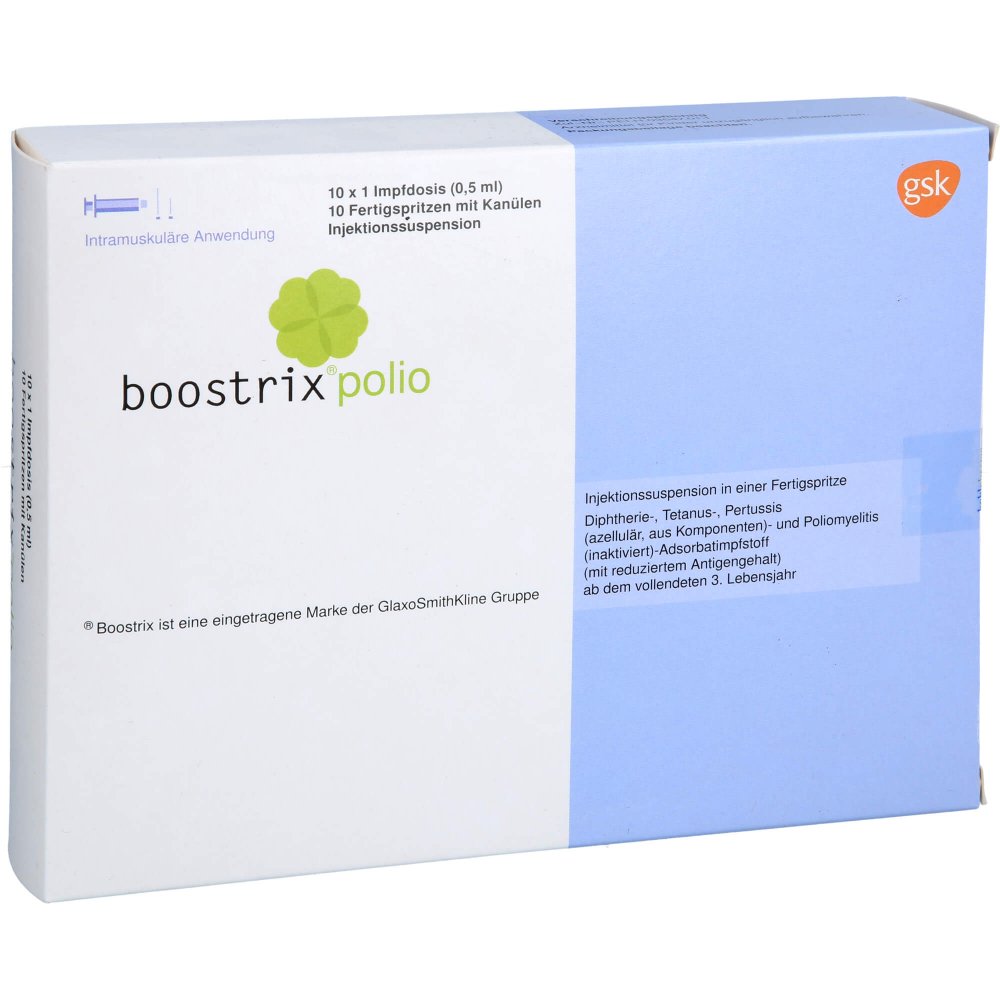 Das Produktfoto zeigt Boostrix Polio Inj.-Susp.I.E.Fertigspr.O.Kanüle (10X0.5 ml) PZN 00162659