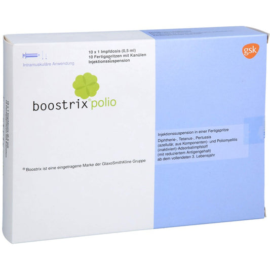 Das Produktfoto zeigt Boostrix Polio Inj.-Susp.I.E.Fertigspr.O.Kanüle (10X0.5 ml) PZN 00162659