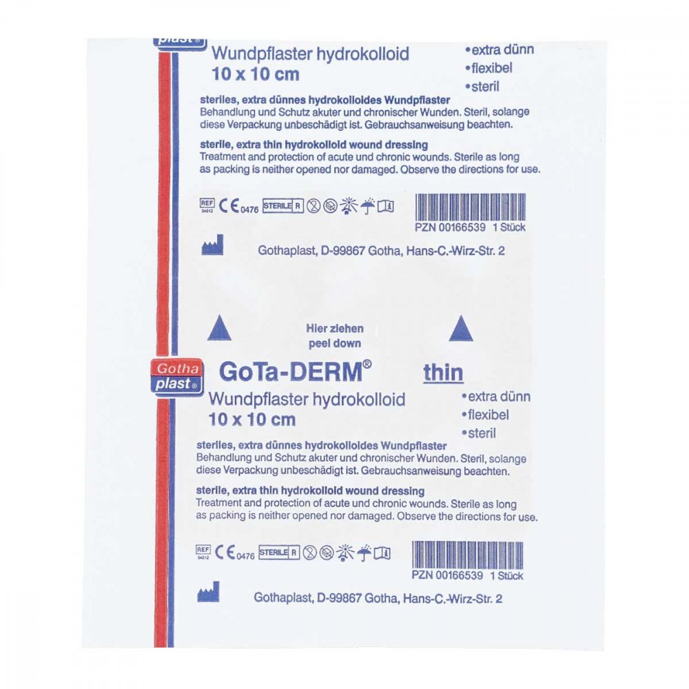 Das Produktfoto zeigt Gota-Derm Thin Hydrokoll.Wundpfl.Steril 10x10 Cm (1 stk) PZN 00166539