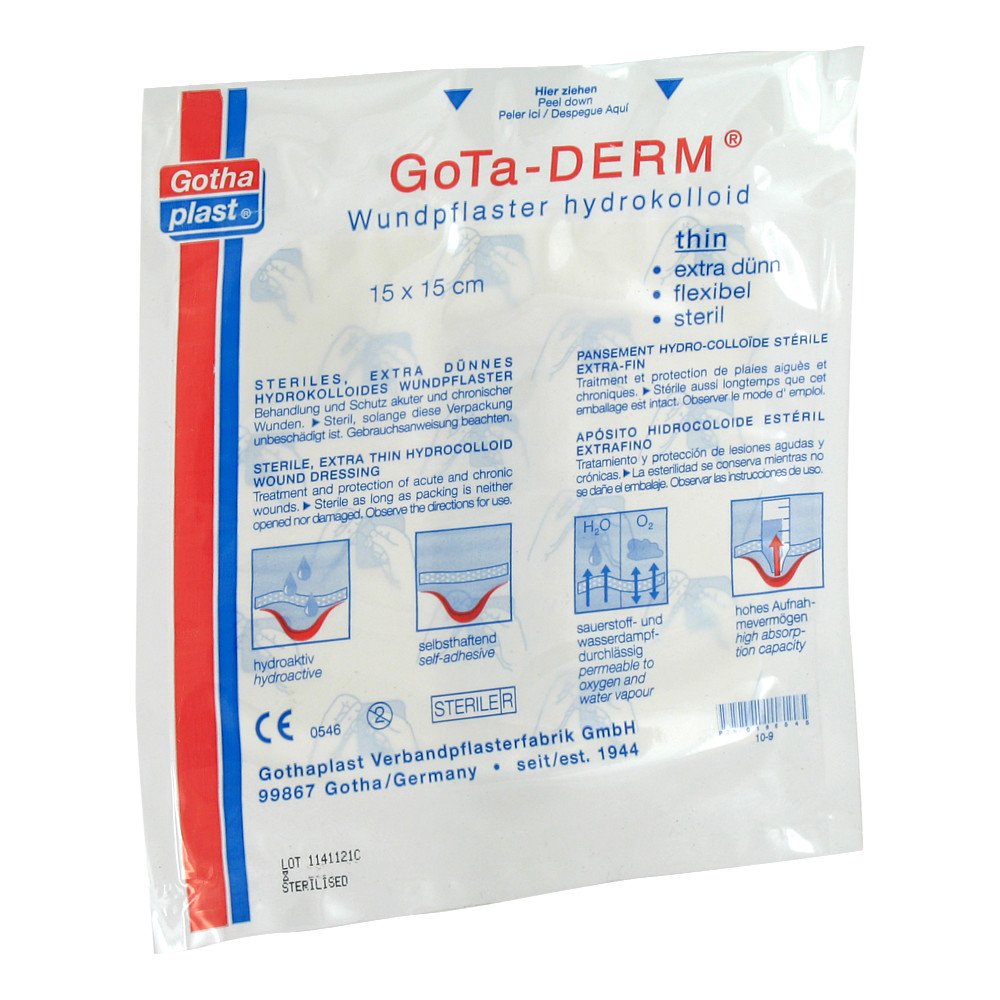 Das Produktfoto zeigt Gota-Derm Thin Hydrokoll.Wundpfl.Steril 15x15 Cm (1 stk) PZN 00166545