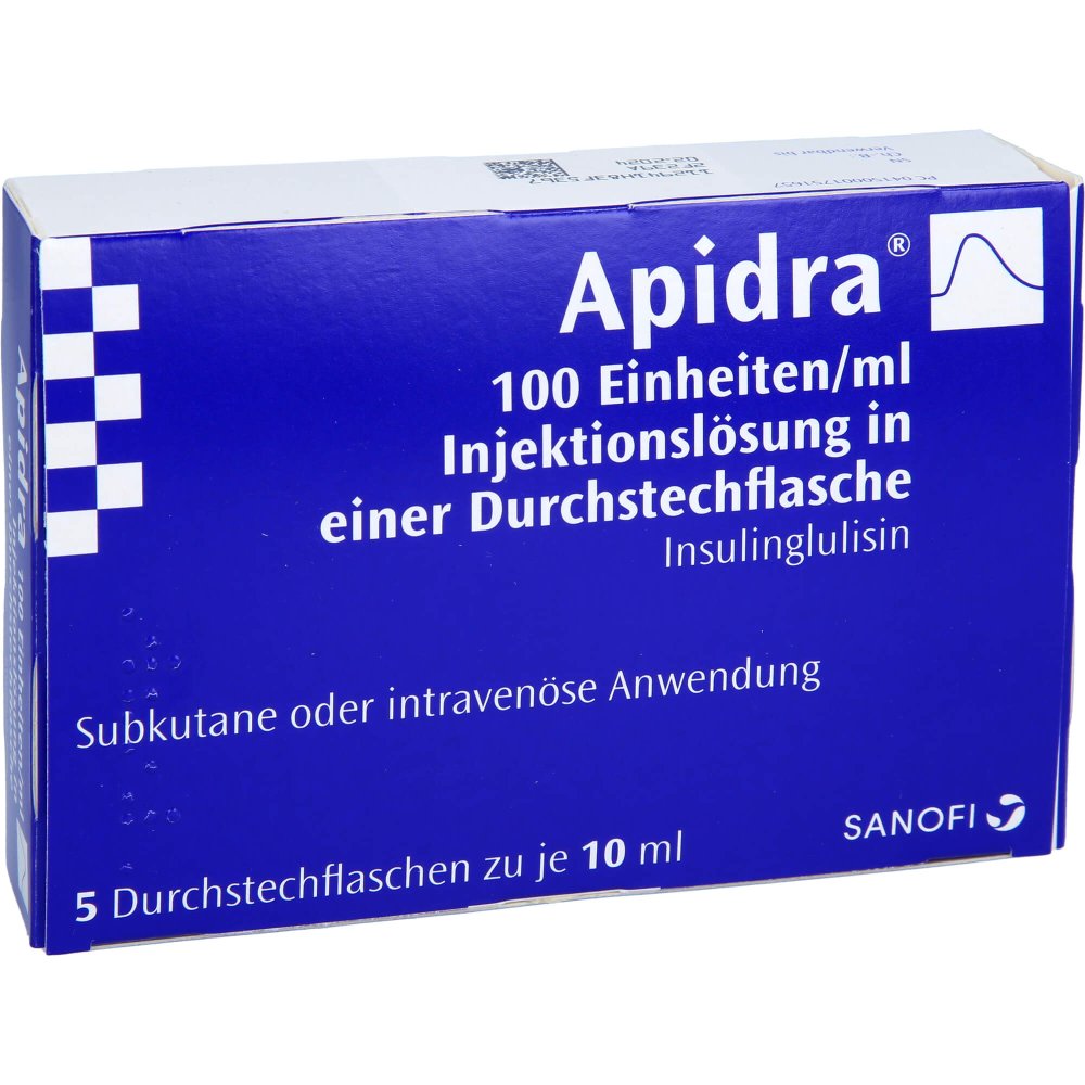 Das Produktfoto zeigt Apidra 100 E/Ml Inj.-Lsg.I.E.Durchstechflasche (5X10 ml) PZN 00175165