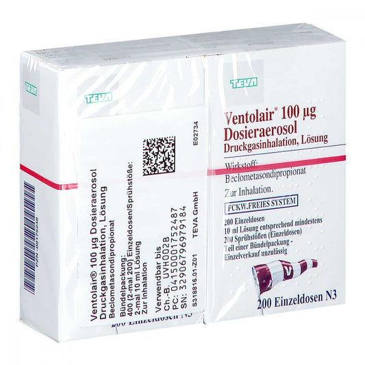 Das Produktfoto zeigt Ventolair 100 Μg 200 Hub Dosieraerosol (2 stk) PZN 00175248