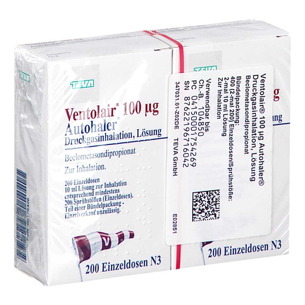 Das Produktfoto zeigt Ventolair 100 Μg 200 Hub Autoh.Dosieraerosol (2 stk) PZN 00175426