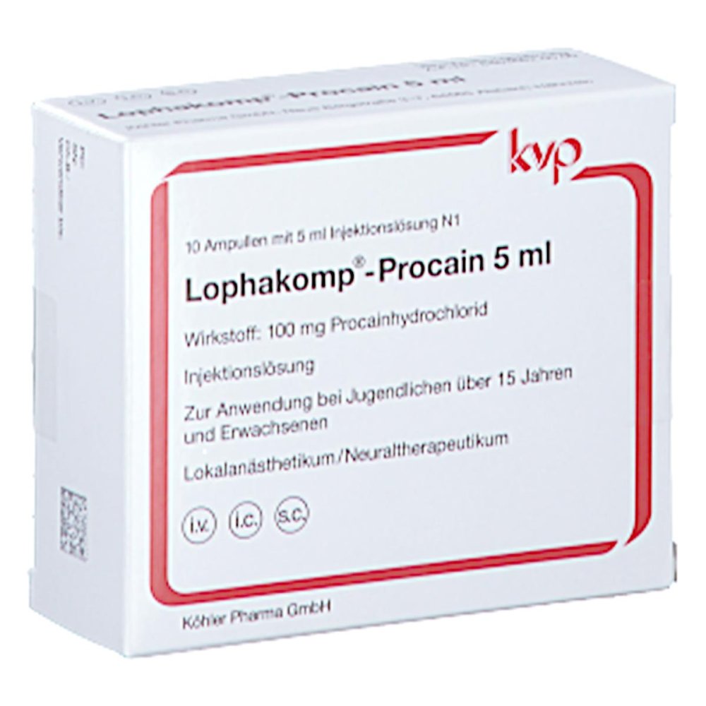 Das Produktfoto zeigt Lophakomp Procain 5 Ml Injektionslösung (10X5 ml) PZN 00178057