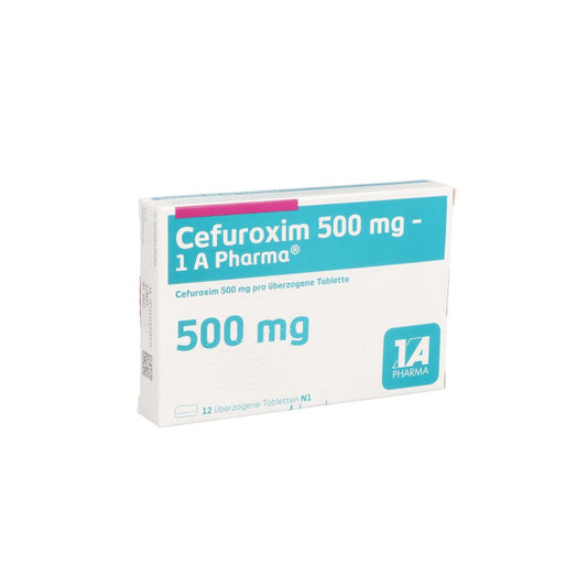 Das Produktfoto zeigt Cefuroxim 500 Mg-1a Pharma Überzogene Tabletten (12 stk) PZN 00178548