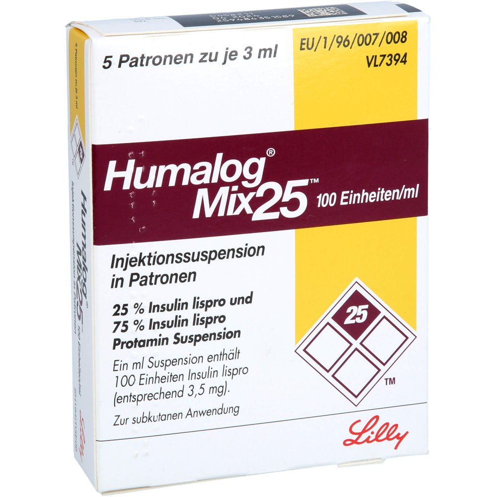 Das Produktfoto zeigt Humalog Mix 25 100 E/Ml Patrone Injektionssusp. (5X3 ml) PZN 00182107