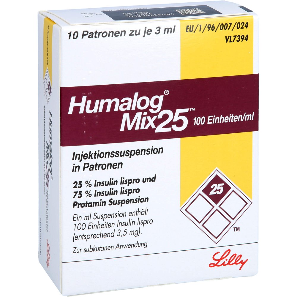 Das Produktfoto zeigt Humalog Mix 25 100 E/Ml Patrone Injektionssusp. (10X3 ml) PZN 00182113