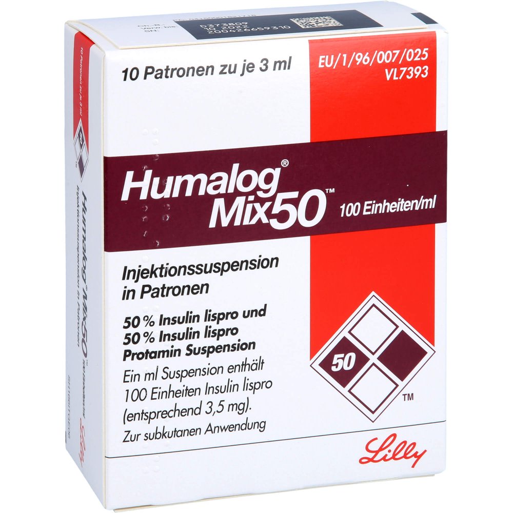 Das Produktfoto zeigt Humalog Mix 50 100 E/Ml Patrone Injektionssusp. (10X3 ml) PZN 00182171