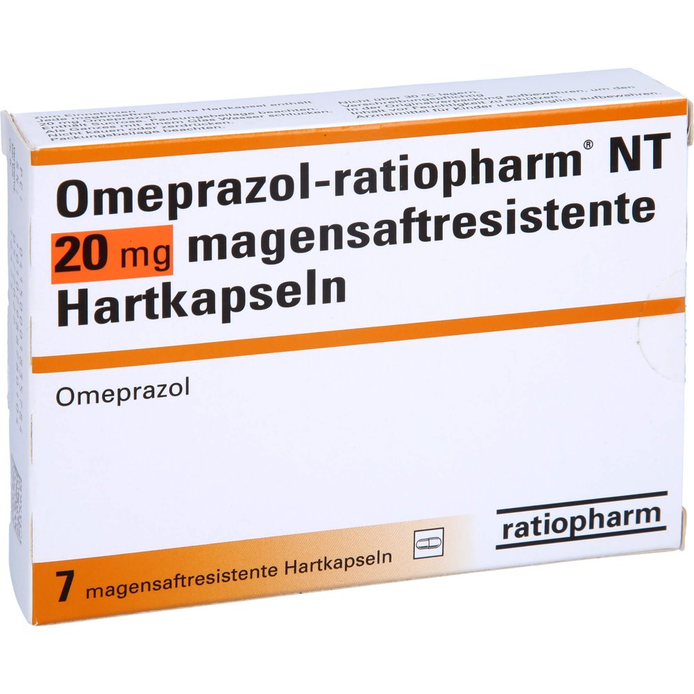 Das Produktfoto zeigt Omeprazol-Ratiopharm Nt 20 Mg Magensaftr.Hartkaps. (7 stk) PZN 00183578
