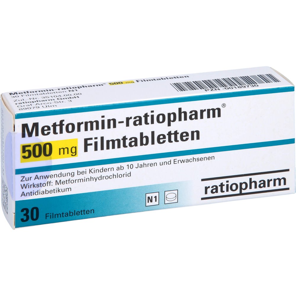 Das Produktfoto zeigt Metformin-Ratiopharm 500 Mg Filmtabletten (30 stk) PZN 00189730